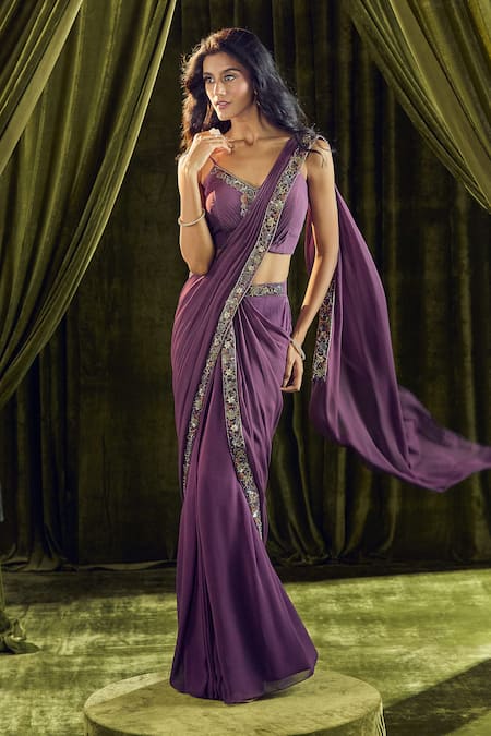Buy_Samyukta Singhania_Wine Silk, Georgette Sequins, Beads V-neck Embroidered Pre-draped Saree Set 