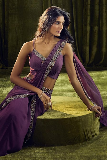 Shop_Samyukta Singhania_Wine Silk, Georgette Sequins, Beads V-neck Embroidered Pre-draped Saree Set 