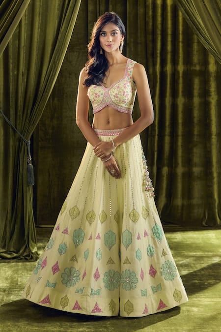 Samyukta Singhania Yellow Silk, Georgette Embroidery, Mirrors Floral Patchwork Lehenga Set Online at Aza Fashions Samyukta Singhania_Yellow Silk, Georgette Embroidery, Mirrors Floral Patchwork Lehenga Set _Online_at_Aza_Fashions