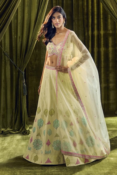 Shop Samyukta Singhania Yellow Silk, Georgette Embroidery, Mirrors Floral Patchwork Lehenga Set Online at Aza Fashions Shop_Samyukta Singhania_Yellow Silk, Georgette Embroidery, Mirrors Floral Patchwork Lehenga Set _Online_at_Aza_Fashions