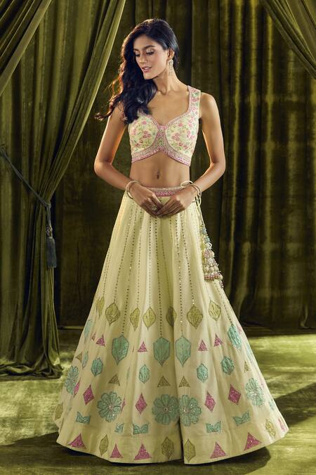 Buy Samyukta Singhania Yellow Silk, Georgette Embroidery, Mirrors Floral Patchwork Lehenga Set Buy_Samyukta Singhania_Yellow Silk, Georgette Embroidery, Mirrors Floral Patchwork Lehenga Set