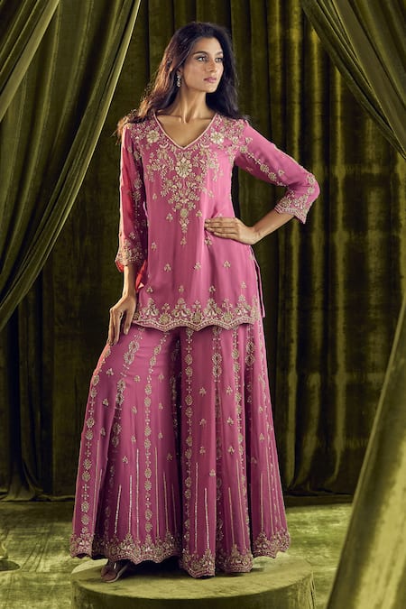 Shop_Samyukta Singhania_Purple Georgette Sequins, Beads, Zari V-neck Hand Embroidered Kurta Set _Online_at_Aza_Fashions