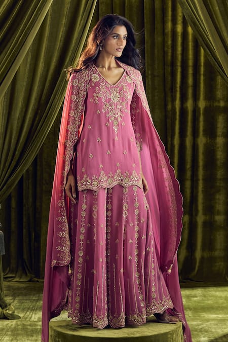 Buy_Samyukta Singhania_Purple Georgette Sequins, Beads, Zari V-neck Hand Embroidered Kurta Set 
