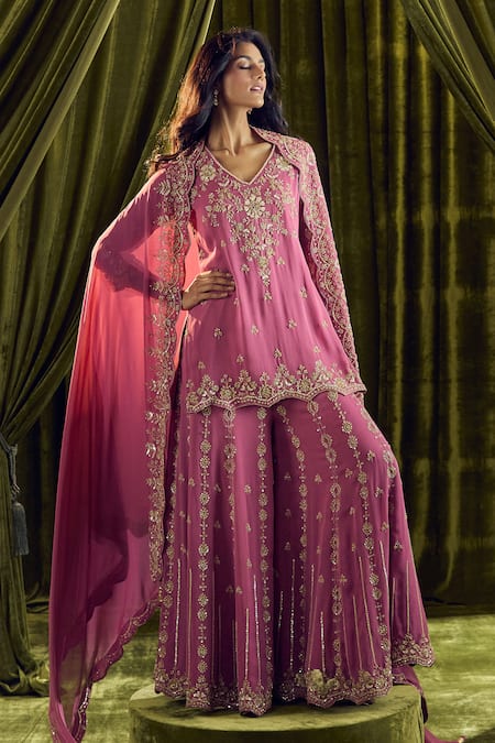 Shop_Samyukta Singhania_Purple Georgette Sequins, Beads, Zari V-neck Hand Embroidered Kurta Set 