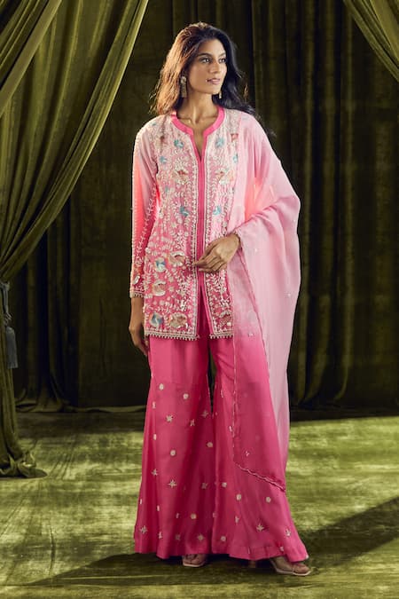 Shop_Samyukta Singhania_Pink Crepe, Georgette Pearls, Sequins, Beads Ombre Embroidered Sharara Set _Online_at_Aza_Fashions