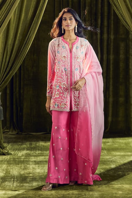 Samyukta Singhania_Pink Crepe, Georgette Pearls, Sequins, Beads Ombre Embroidered Sharara Set _at_Aza_Fashions