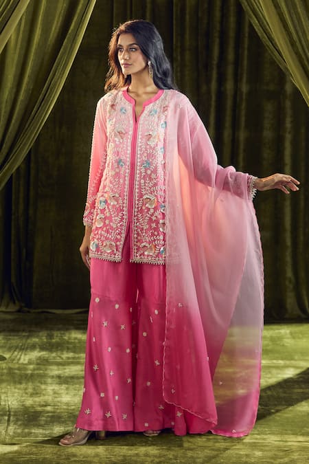 Buy_Samyukta Singhania_Pink Crepe, Georgette Pearls, Sequins, Beads Ombre Embroidered Sharara Set 