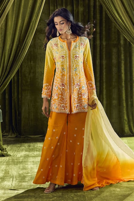 Samyukta Singhania_Yellow Crepe, Georgette Pearls, Sequins, Beads Ombre Embroidered Kurta Set _Online_at_Aza_Fashions