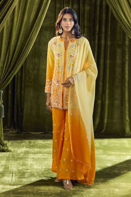 Buy_Samyukta Singhania_Yellow Crepe, Georgette Pearls, Sequins, Beads Ombre Embroidered Kurta Set _Online_at_Aza_Fashions