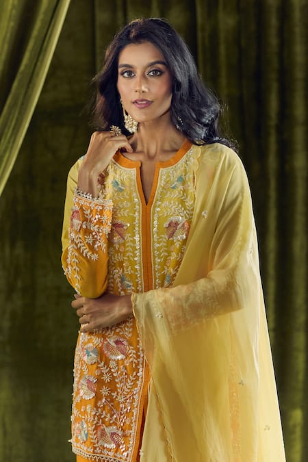 Shop_Samyukta Singhania_Yellow Crepe, Georgette Pearls, Sequins, Beads Ombre Embroidered Kurta Set _Online_at_Aza_Fashions