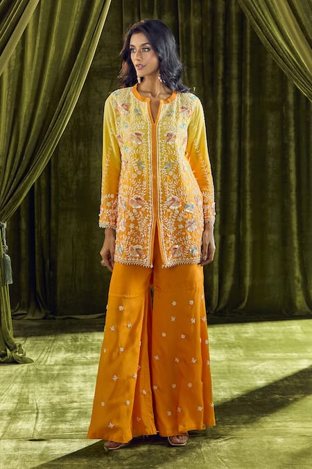 Samyukta Singhania_Yellow Crepe, Georgette Pearls, Sequins, Beads Ombre Embroidered Kurta Set _at_Aza_Fashions