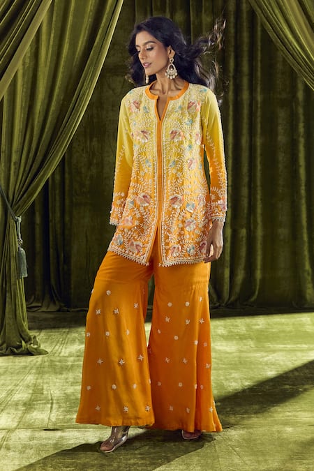 Buy_Samyukta Singhania_Yellow Crepe, Georgette Pearls, Sequins, Beads Ombre Embroidered Kurta Set 