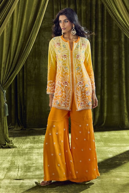 Shop_Samyukta Singhania_Yellow Crepe, Georgette Pearls, Sequins, Beads Ombre Embroidered Kurta Set 