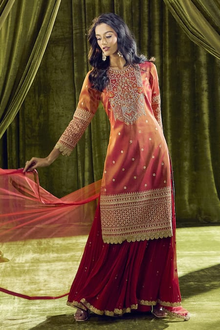 Shop_Samyukta Singhania_Orange Crepe, Georgette Pearls, Sequins, Zari, Embroidery Zardozi Kurta Set _Online_at_Aza_Fashions