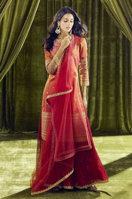 Shop_Samyukta Singhania_Orange Crepe, Georgette Pearls, Sequins, Zari, Embroidery Zardozi Kurta Set 