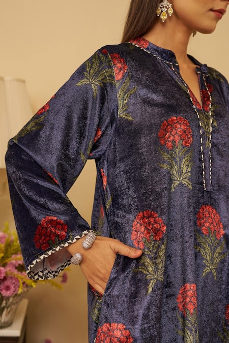 Rainas Blue Velvet, Georgette Tassels, Embroidery Floral Printed Kurta Set With Scarf Online at Aza Fashions Rainas_Blue Velvet, Georgette Tassels, Embroidery Floral Printed Kurta Set With Scarf _Online_at_Aza_Fashions