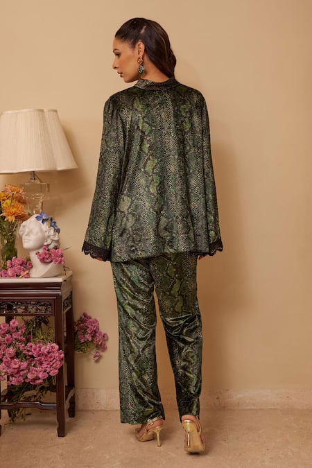 Shop Rainas Green Velvet Lace Collared Serpent Print Tunic And Pant Set at Aza Fashions Shop_Rainas_Green Velvet Lace Collared Serpent Print Tunic And Pant Set _at_Aza_Fashions