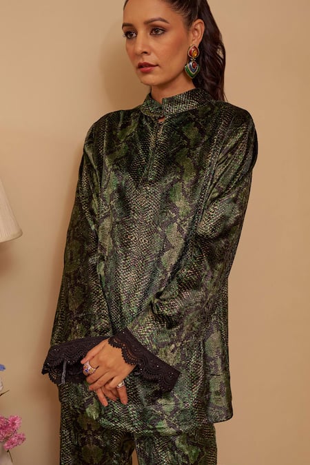 Shop Rainas Green Velvet Lace Collared Serpent Print Tunic And Pant Set Online at Aza Fashions Shop_Rainas_Green Velvet Lace Collared Serpent Print Tunic And Pant Set _Online_at_Aza_Fashions
