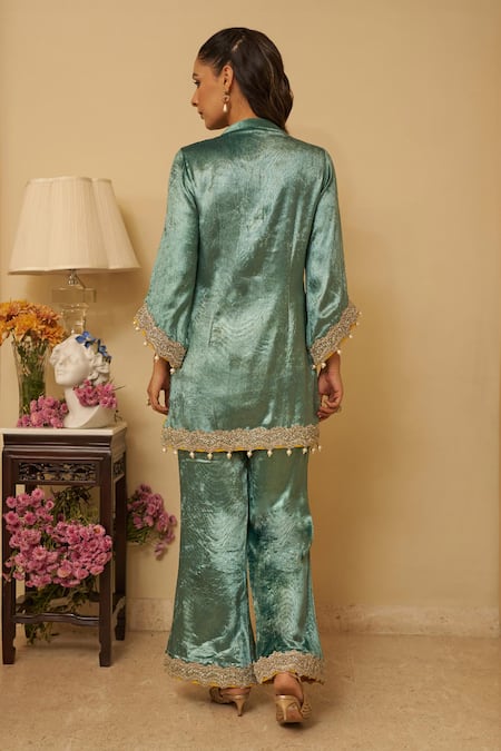 Shop_Rainas_Green Velvet Lace, Pearls Mandarin Collar Embellished Kurta Set _at_Aza_Fashions