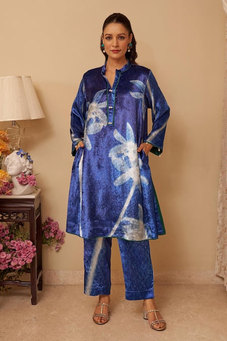 Buy Rainas Blue Velvet, Georgette Pearls, Tassels Mandarin Collar Floral Print Kurta Set Online at Aza Fashions Buy_Rainas_Blue Velvet, Georgette Pearls, Tassels Mandarin Collar Floral Print Kurta Set_Online_at_Aza_Fashions