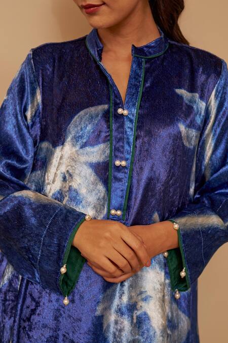 Shop Rainas Blue Velvet, Georgette Pearls, Tassels Mandarin Collar Floral Print Kurta Set Online at Aza Fashions Shop_Rainas_Blue Velvet, Georgette Pearls, Tassels Mandarin Collar Floral Print Kurta Set_Online_at_Aza_Fashions