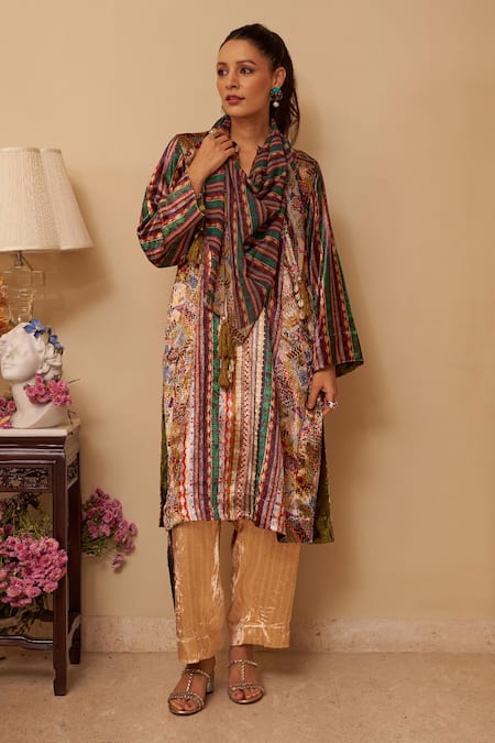 Rainas Abstract Mirage Print Kurta Set With Scarf 