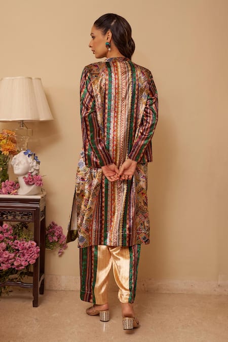 Shop_Rainas_Off White Velvet, Georgette Tassels Mandarin Abstract Mirage Print Kurta Set_at_Aza_Fashions