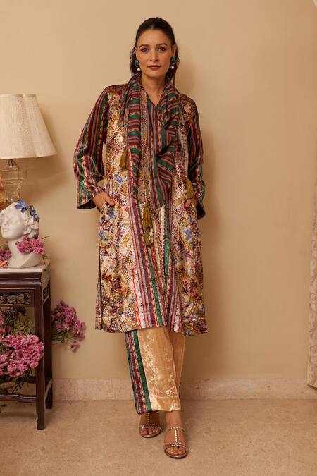 Shop_Rainas_Off White Velvet, Georgette Tassels Mandarin Abstract Mirage Print Kurta Set_Online_at_Aza_Fashions