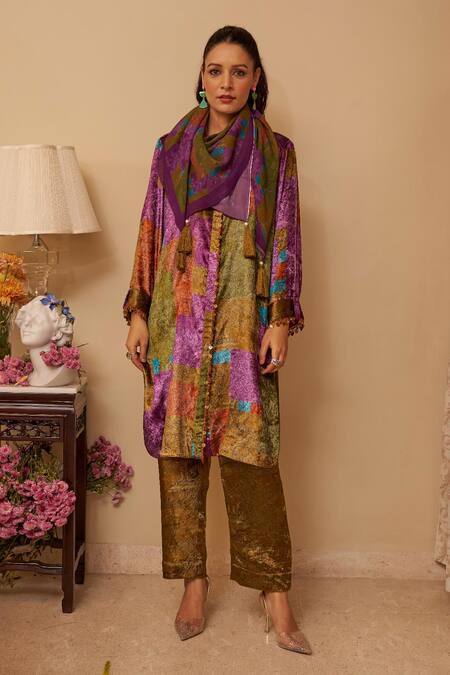 Rainas Multi Color Velvet Tassels Collared Shifting Sands Print Kurta Set Online at Aza Fashions Rainas_Multi Color Velvet Tassels Collared Shifting Sands Print Kurta Set _Online_at_Aza_Fashions