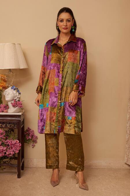 Buy Rainas Multi Color Velvet Tassels Collared Shifting Sands Print Kurta Set Online at Aza Fashions Buy_Rainas_Multi Color Velvet Tassels Collared Shifting Sands Print Kurta Set _Online_at_Aza_Fashions