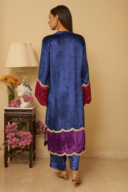 Shop Rainas Blue Velvet Pearls, Lace Mandarin Collar Chevron Printed Kurta Set at Aza Fashions Shop_Rainas_Blue Velvet Pearls, Lace Mandarin Collar Chevron Printed Kurta Set_at_Aza_Fashions
