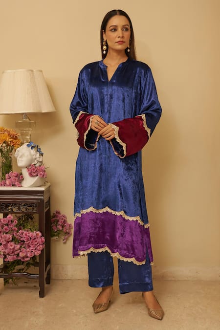 Buy Rainas Blue Velvet Pearls, Lace Mandarin Collar Chevron Printed Kurta Set Online at Aza Fashions Buy_Rainas_Blue Velvet Pearls, Lace Mandarin Collar Chevron Printed Kurta Set_Online_at_Aza_Fashions