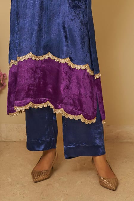 Shop Rainas Blue Velvet Pearls, Lace Mandarin Collar Chevron Printed Kurta Set Online at Aza Fashions Shop_Rainas_Blue Velvet Pearls, Lace Mandarin Collar Chevron Printed Kurta Set_Online_at_Aza_Fashions