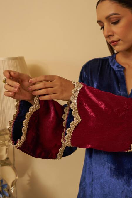 Rainas Blue Velvet Pearls, Lace Mandarin Collar Chevron Printed Kurta Set at Aza Fashions Rainas_Blue Velvet Pearls, Lace Mandarin Collar Chevron Printed Kurta Set_at_Aza_Fashions