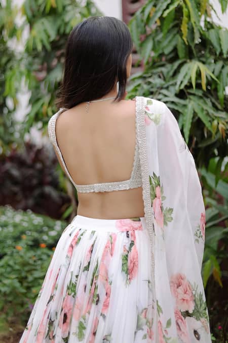 Shop_Foram Patel_Silver Organza, Net Cut Work, Embroidery Floral Rose Bloom Lehenga Set _at_Aza_Fashions