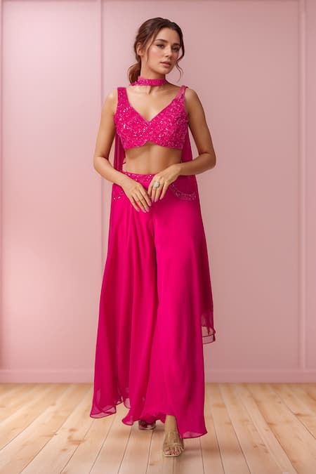 Samyukta Singhania Pink Viscose Organza Embroidery Cutdana Leaf Moti Neck Sharara Set 