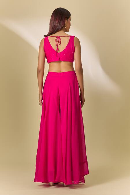 Shop Samyukta Singhania Pink Viscose, Organza Cut Work, Cutdana Embroidered Leaf Neck Sharara Set at Aza Fashions Shop_Samyukta Singhania_Pink Viscose, Organza Cut Work, Cutdana Embroidered Leaf Neck Sharara Set_at_Aza_Fashions