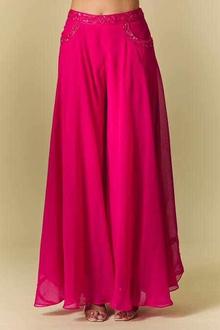 Shop Samyukta Singhania Pink Viscose, Organza Cut Work, Cutdana Embroidered Leaf Neck Sharara Set Online at Aza Fashions Shop_Samyukta Singhania_Pink Viscose, Organza Cut Work, Cutdana Embroidered Leaf Neck Sharara Set_Online_at_Aza_Fashions