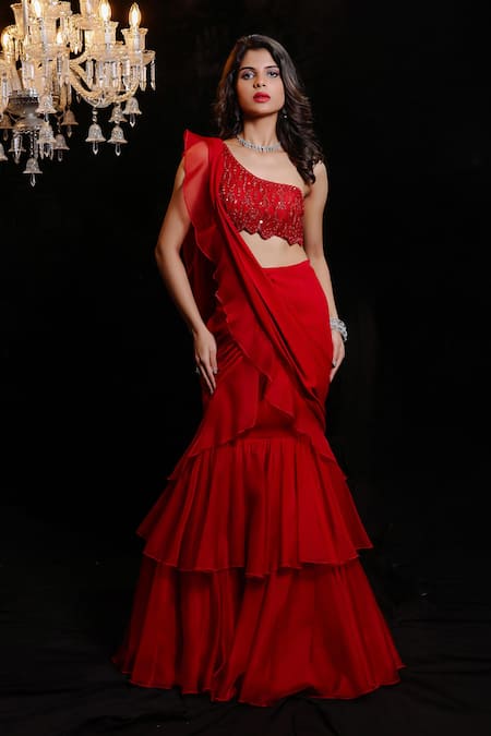 Foram Patel Pre-Draped Ruffle Saree With Asymmetric Mirror Work Blouse 