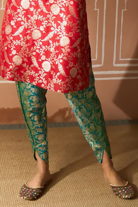 Buy Tasuvure Indes Red Brocade, Silk Embroidery V-neck Floral Veil Tunic And Dhoti Pant Set Online at Aza Fashions Buy_Tasuvure Indes_Red Brocade, Silk Embroidery V-neck Floral Veil Tunic And Dhoti Pant Set _Online_at_Aza_Fashions