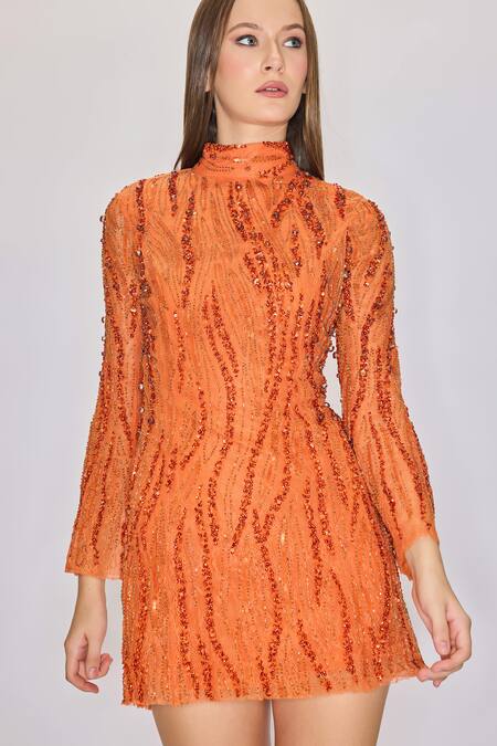 House Of Eda_Orange Nylon, Polyester Crystals, Cut Work, Hand Embellished Lace Mini Dress _Online_at_Aza_Fashions