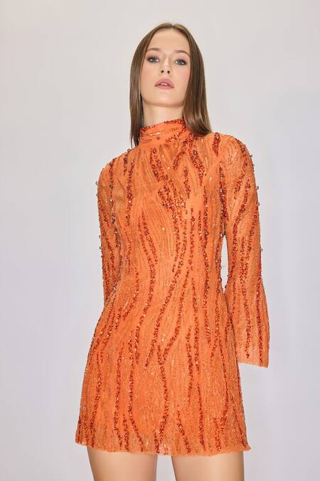 Buy_House Of Eda_Orange Nylon, Polyester Crystals, Cut Work, Hand Embellished Lace Mini Dress _Online_at_Aza_Fashions