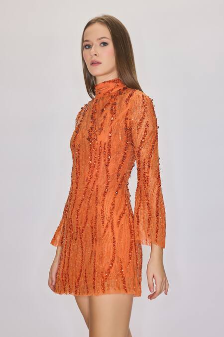 Shop_House Of Eda_Orange Nylon, Polyester Crystals, Cut Work, Hand Embellished Lace Mini Dress _Online_at_Aza_Fashions