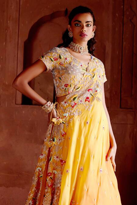 Khushboo Bagri Yellow Organza, Cut Work, Tassels, Pearls, Zardozi Draped Lehenga Set Online at Aza Fashions Khushboo Bagri_Yellow Organza, Cut Work, Tassels, Pearls, Zardozi Draped Lehenga Set _Online_at_Aza_Fashions