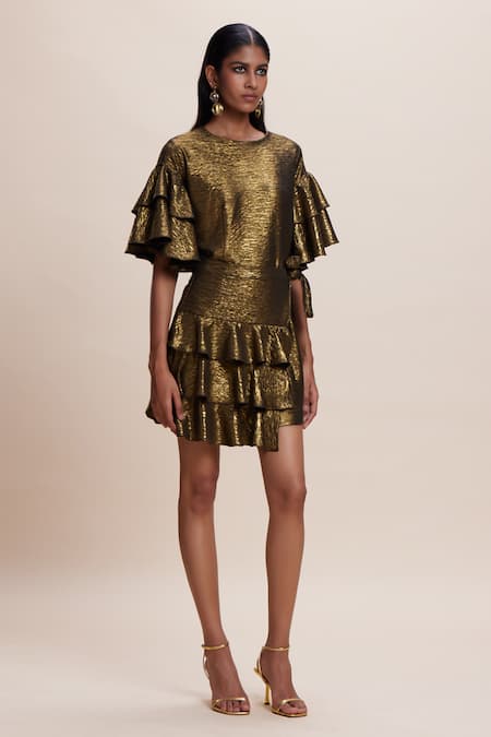 Kangana Trehan Gold Jersey Ruffle Round Metallic Wrap Dress 