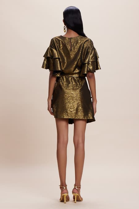 Shop_Kangana Trehan_Gold Jersey Ruffle Round Wrap Dress _at_Aza_Fashions