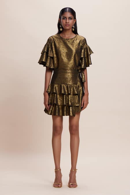 Kangana Trehan_Gold Jersey Ruffle Round Wrap Dress _Online_at_Aza_Fashions