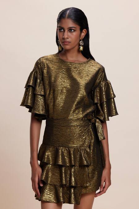 Buy_Kangana Trehan_Gold Jersey Ruffle Round Wrap Dress _Online_at_Aza_Fashions