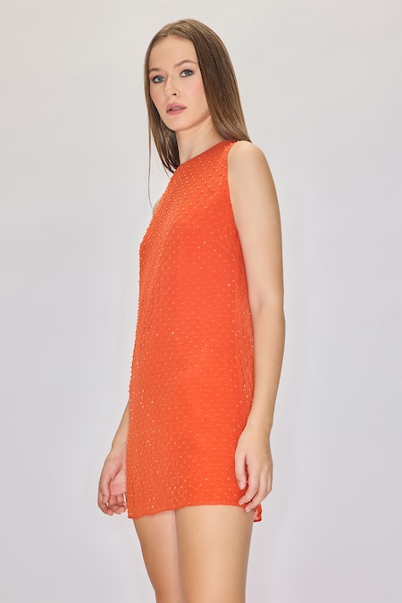 Buy House Of Eda Orange 100% Silk Georgette Hand Embellished Sequin Round Shift Dress Online at Aza Fashions Buy_House Of Eda_Orange 100% Silk Georgette Hand Embellished Sequin Round Shift Dress _Online_at_Aza_Fashions