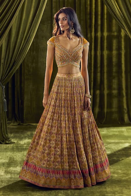 Aariyana Couture_Yellow Silk, Organza, Georgette Beads, Sequins, Geometric Print Lehenga Set _Online_at_Aza_Fashions